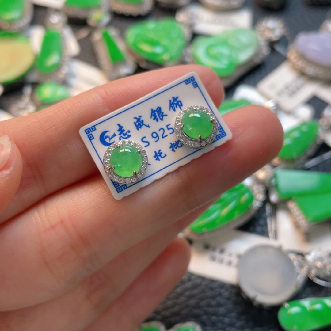 翡翠银S925镶嵌吊坠(不含链)耳钉