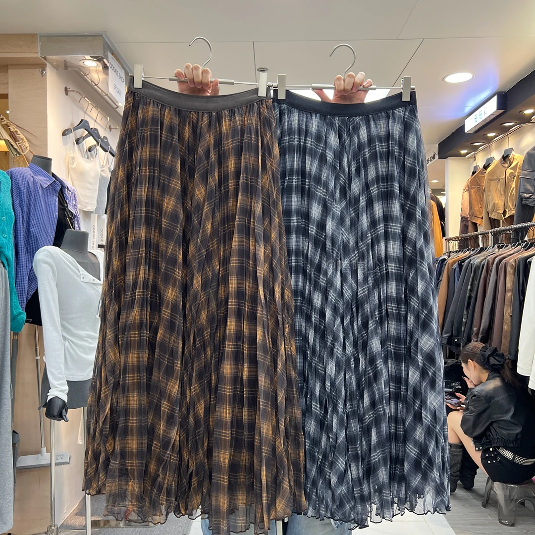 韩系复古格子网纱半身裙女夏季高腰显瘦A字伞裙百搭大摆休闲长裙