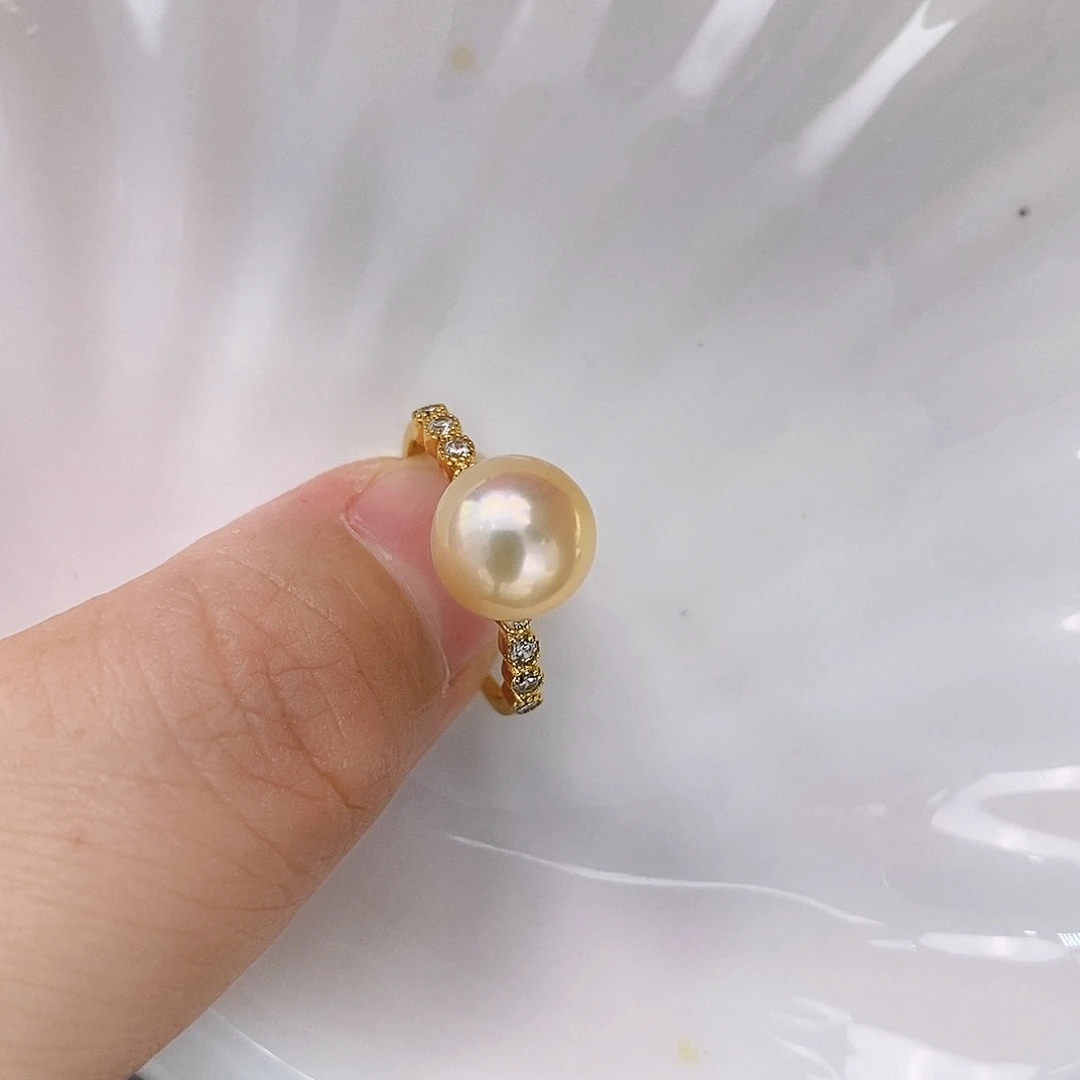 银S925镶嵌天然淡水橙汁汽水炫彩戒指9.1mm淡水珍琳*柔