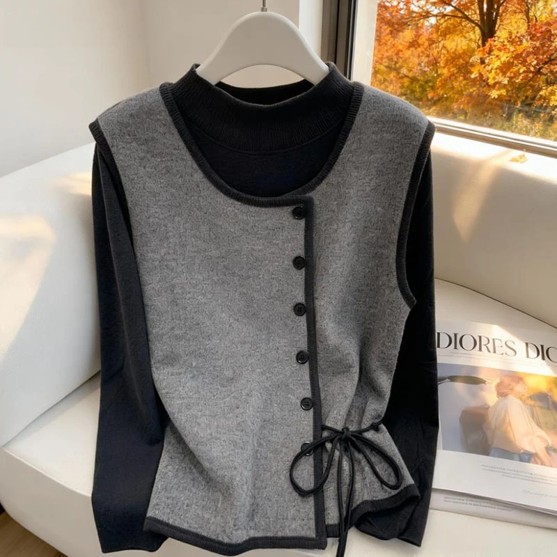 2025秋季新款时尚显瘦气质网红高档洋气女长袖内搭打底衫马甲套装