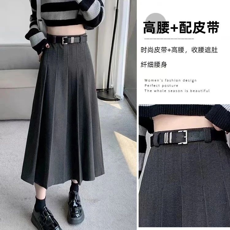 [两个裙长]学院风毛呢半身裙2025秋冬季新款高腰显瘦百搭A字长裙