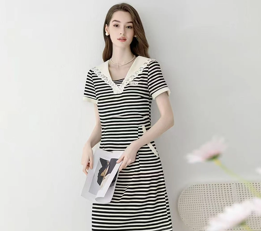 F213条纹气质连衣裙女夏新款时尚洋气休闲收腰显瘦拼接连衣裙
