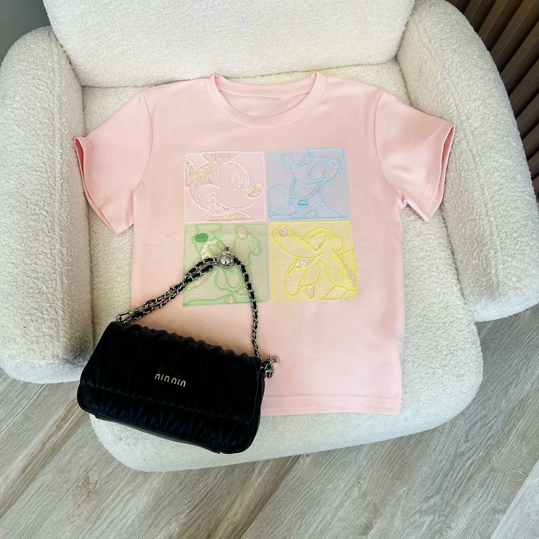 【程总专属】重工刺绣短袖T恤女2025春夏新款修身显瘦时尚百搭上衣