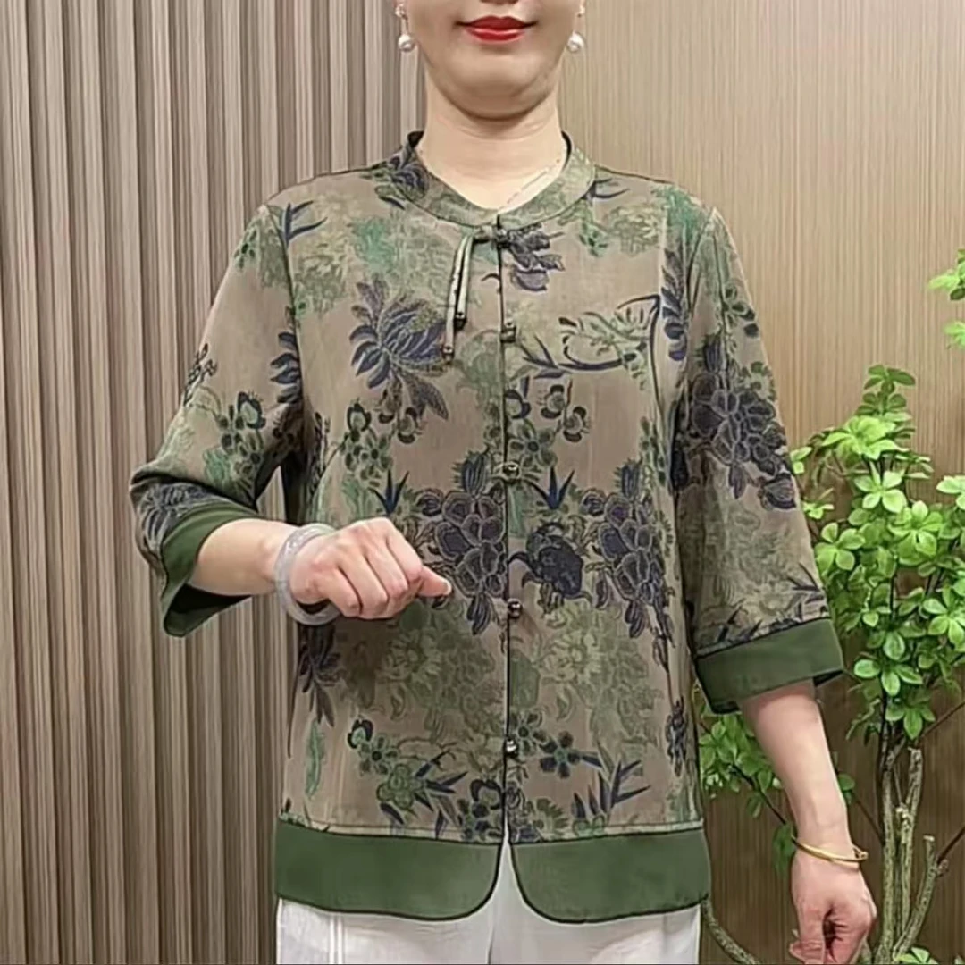 8689中老年女装气质复古衬衫妈妈装大码宽松七分袖国风小衫上衣