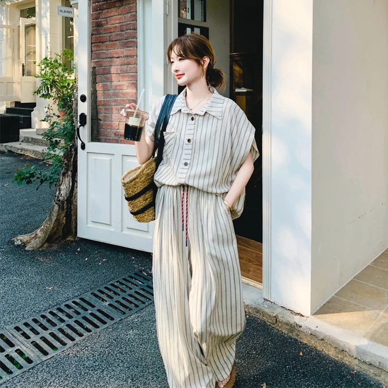 条纹衬衫阔腿裤套装女2025夏季新款松弛感韩系极简风穿搭两件套潮