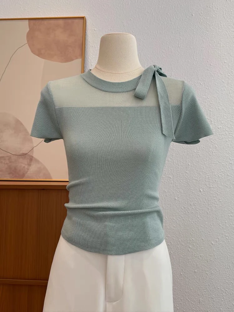 纯欲微透网纱系带短袖针织衫女夏季新款修身显瘦小衫性感别致上衣
