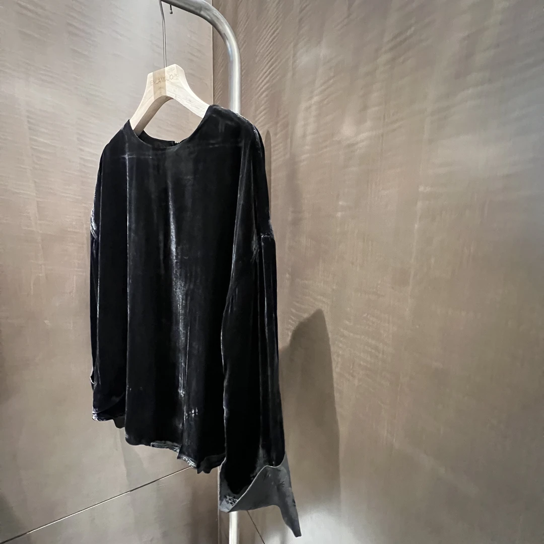 lulu-高定真丝丝绒圆领翻袖上衣女衬衫气质高级感长袖衬衣衬衫