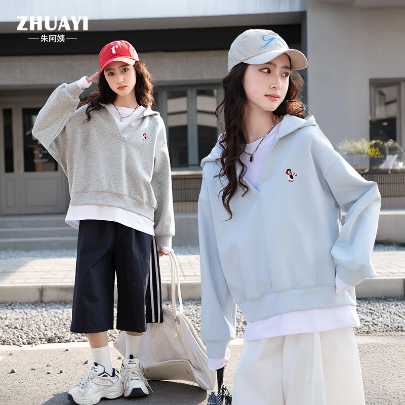 朱阿姨2025年秋季企鹅假两件卫衣女大童长袖百搭连帽薄款韩版套头