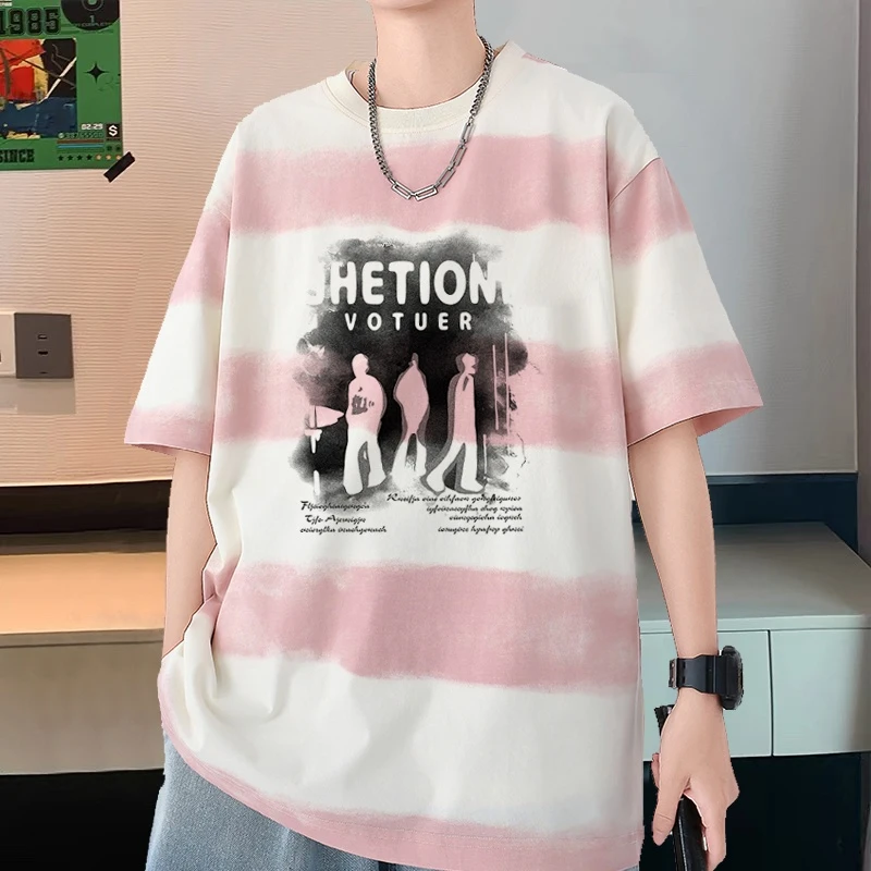 潮牌扎染纯棉条纹短袖t恤男装潮流美式百搭宽松印花半袖情侣上衣