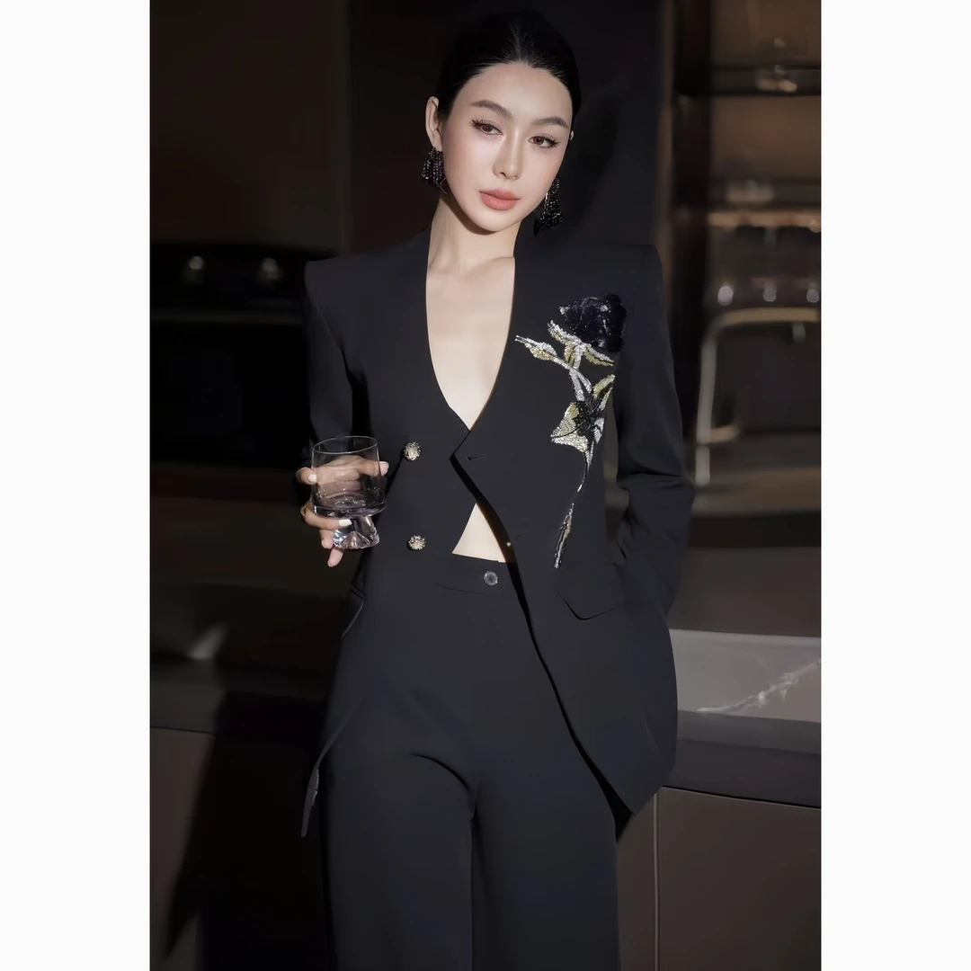 ZEROYK高端职业装设计感女神气质重工绣花西服阔腿裤两件套