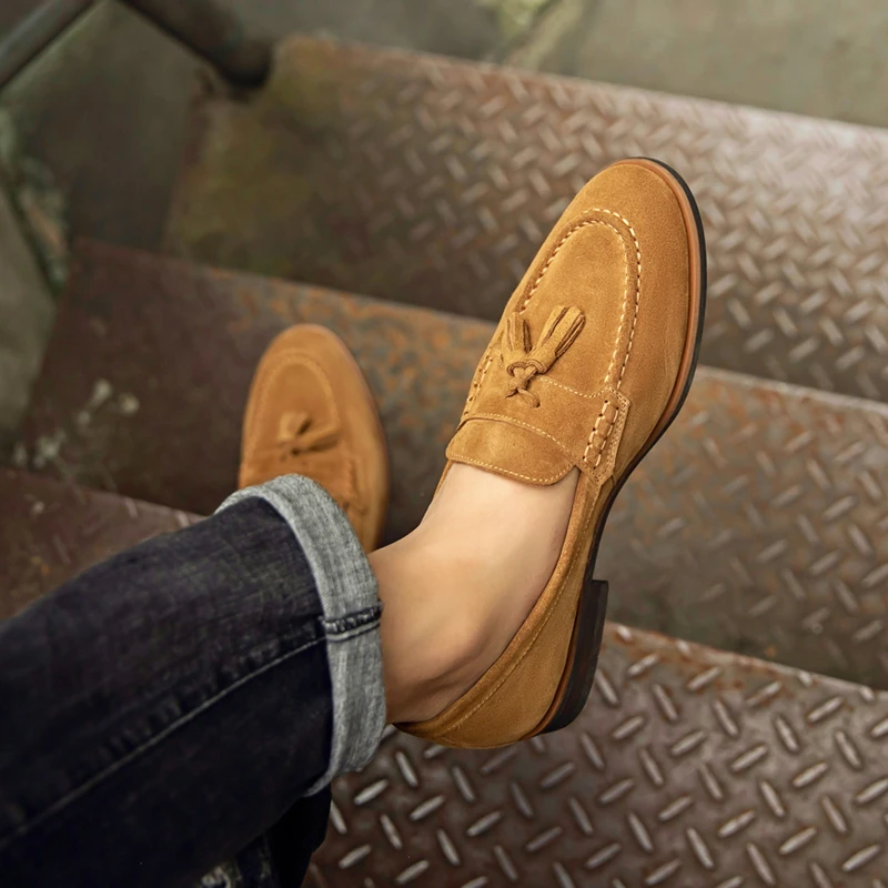 秋季反绒真皮流苏英伦一脚蹬套脚乐福鞋豆豆鞋单鞋夏季懒人鞋潮流