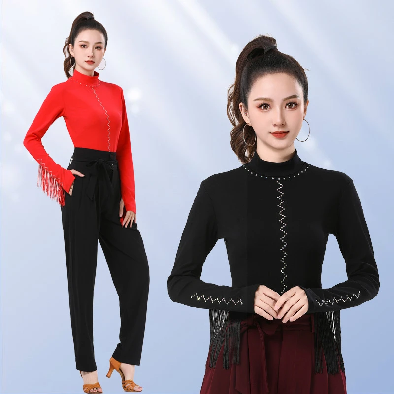 吉特巴摩登舞打底衫练功服女上衣拉丁舞春秋广场舞黑色立领棉长袖