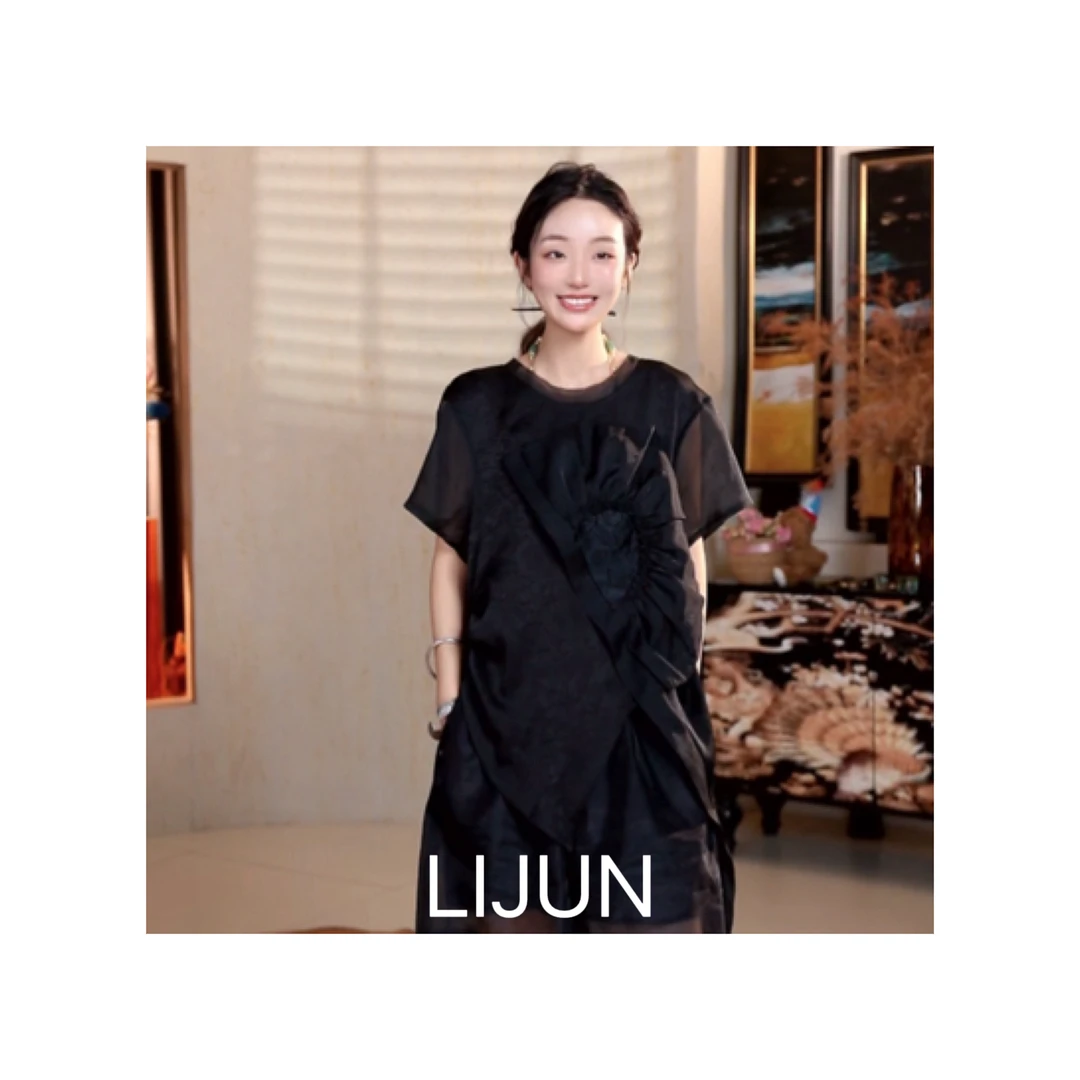 篱君宽松个性前后两穿上衣气质气质夏季个性女装黑色短袖上衣小衫