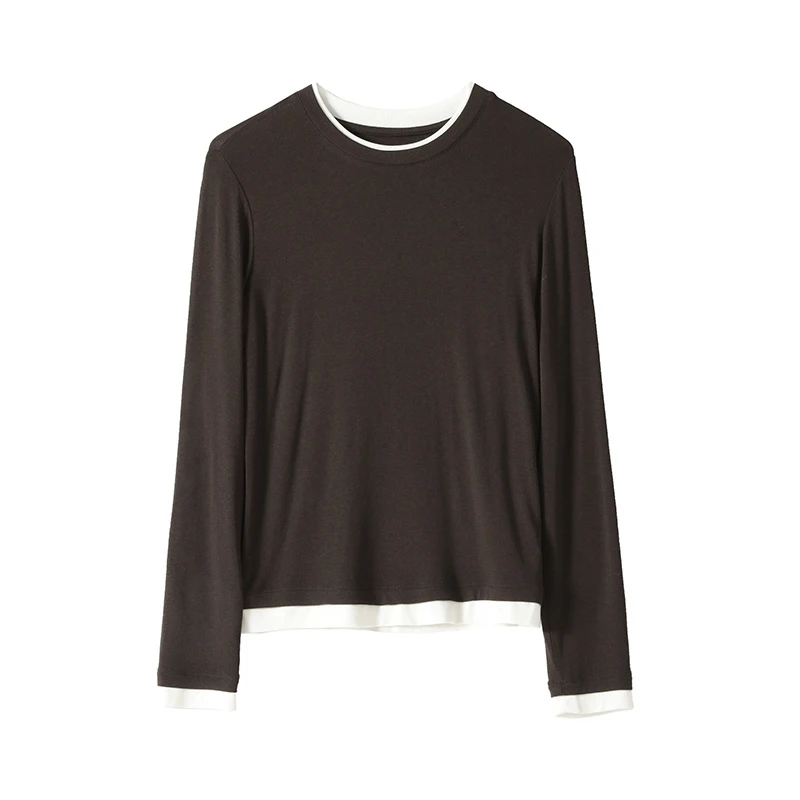 2024年秋冬新品基础简约休闲圆领双层撞色设计假两件拼接长袖打底