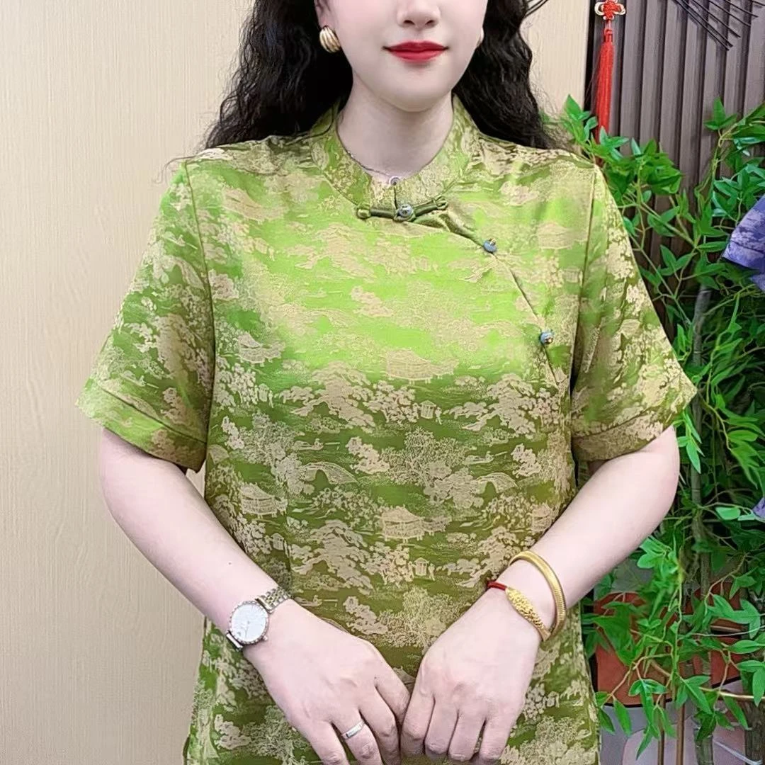 新款新中式国风盘扣圆领提花短袖女夏季法式休闲别致上衣气质复古