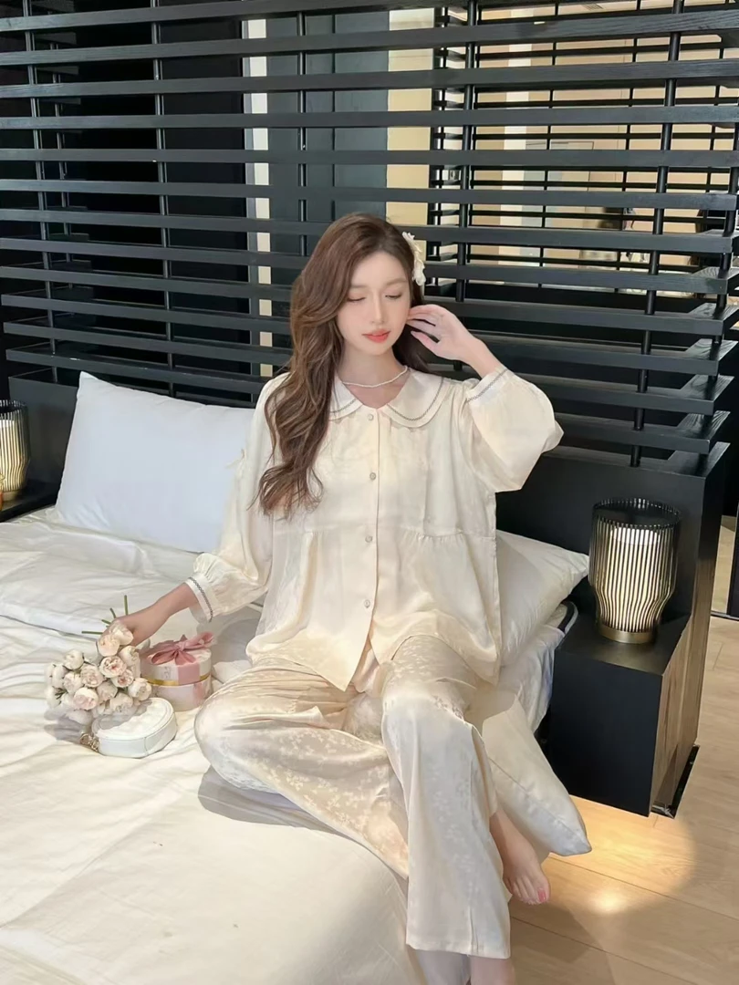 桑蚕丝娃娃领青年圆领长袖纯色睡衣甜美春夏秋宽松法式睡衣