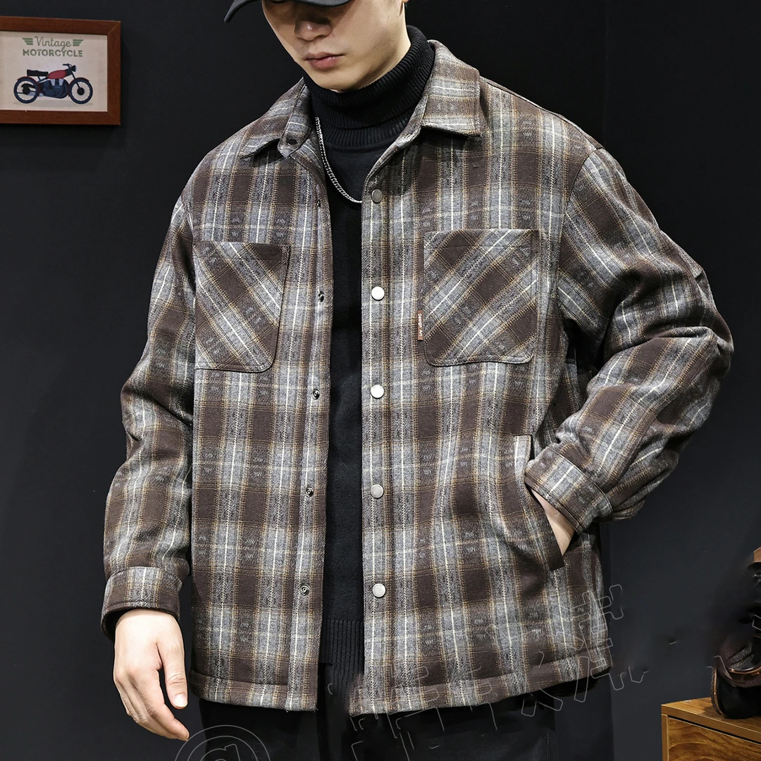 MR.MUDI/穆迪先生美式复古格子衬衫羽绒服男冬季鸭绒高端外套翻领