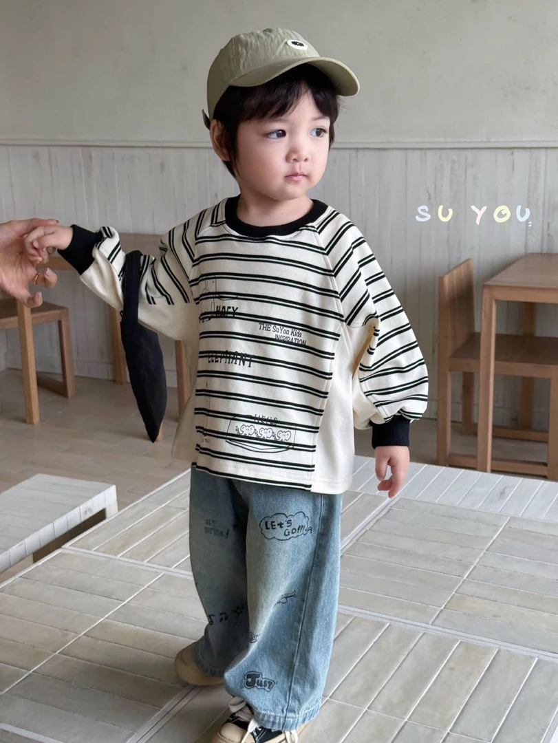 苏右2025春季新款条纹卫衣满印牛仔裤