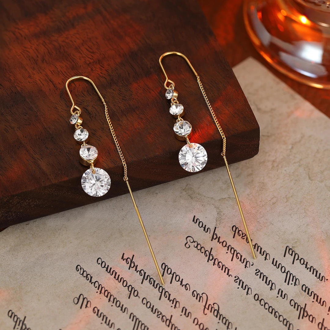 铜合金合成锆石耳饰 圆锆流苏防丢耳线闪亮气质长款耳环