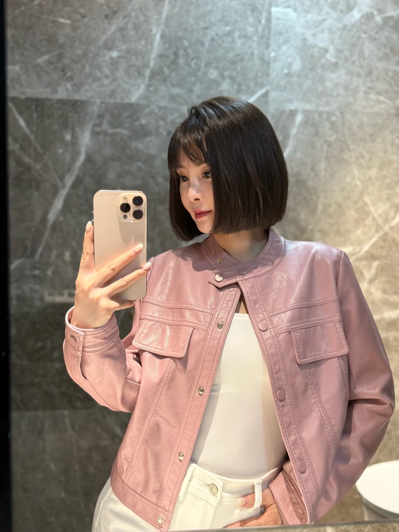 春秋季新款时尚韩版显瘦短款机车绵羊皮革夹克外套立领皮衣洋气