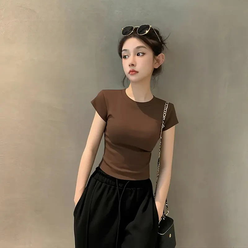 2025年新款春夏圆领短袖T恤女百搭黑色正肩显瘦小个子修身ins上衣