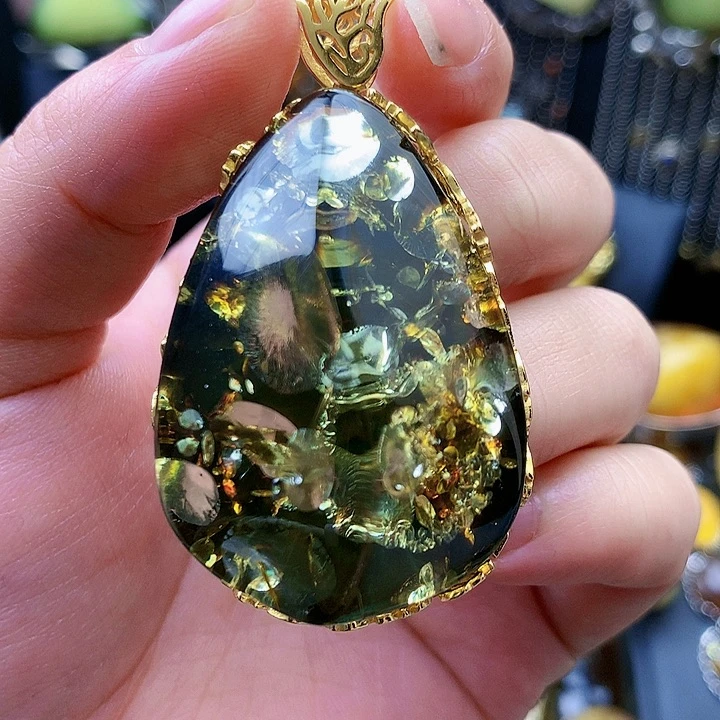 琥珀裸石银S925镶嵌坠