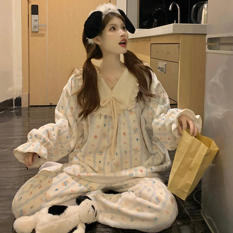 【Lucky优选】珊瑚绒睡衣女秋冬季加厚保暖甜美气质家居服网红套装