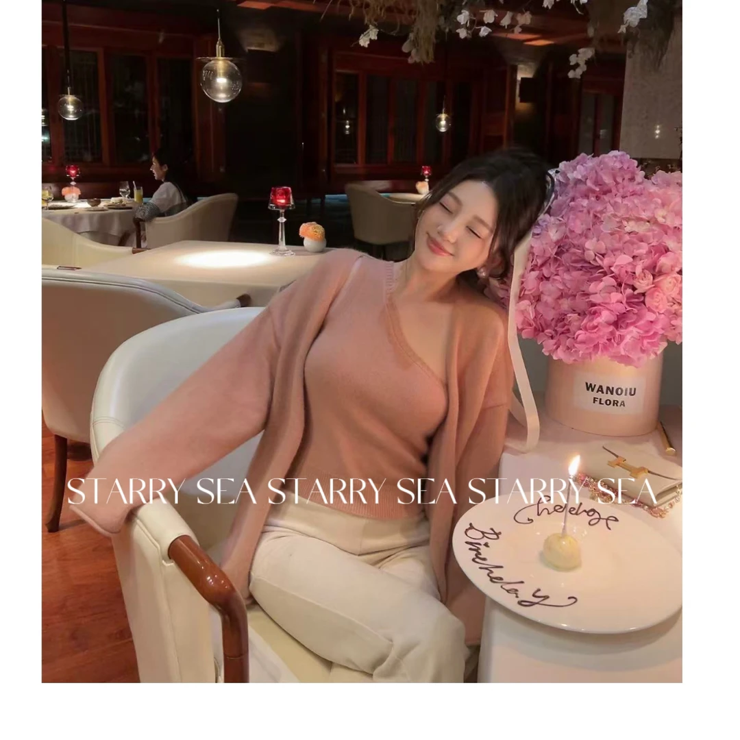 外PP  福利少女心事 美丽奴羊毛 斜肩背心 长袖开衫套装#PP0194TZ