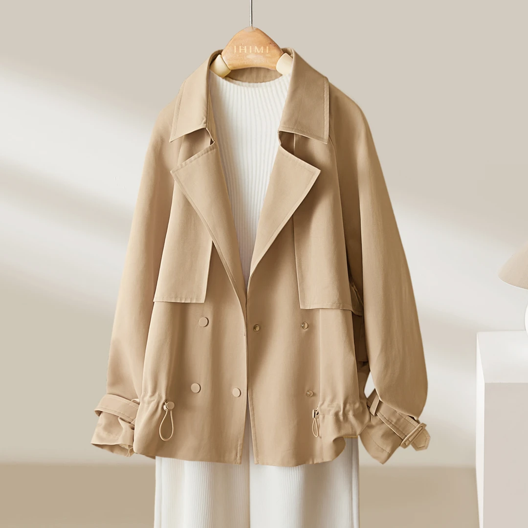 IHIMI/海谧2025秋季新款风衣外套时髦翻领收腰小个子短款外套7039