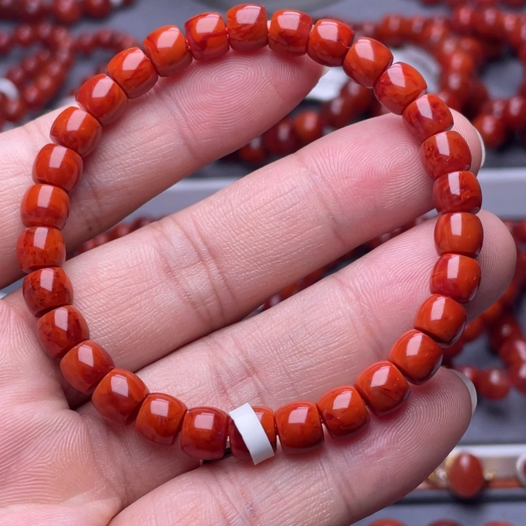 南红玛瑙未镶嵌南红玉石7mm瓦西柿子红满色满肉火焰纹直切手串