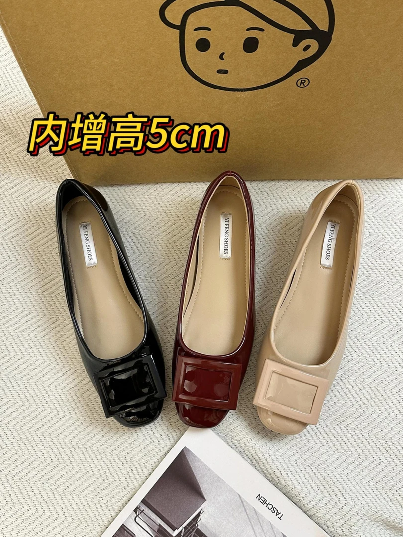 经典方扣内增高5cm通勤不累脚浅口气质单鞋女款通勤软漆皮工作鞋