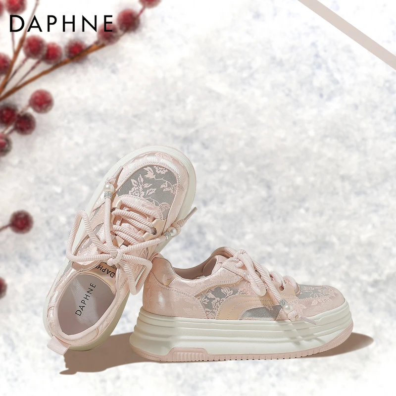 达芙妮粉色小白鞋女2025新款夏季薄款网纱透气板鞋女厚底国风鞋子