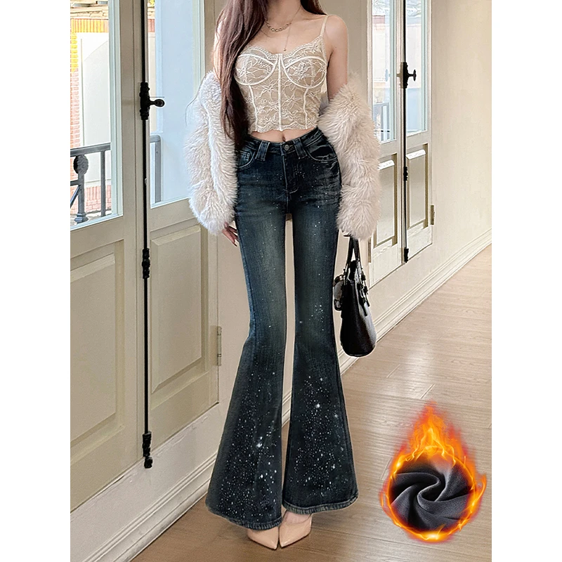 爆闪满天星烫钻压皱加绒微喇牛仔裤女2025冬季新款高腰显瘦修身