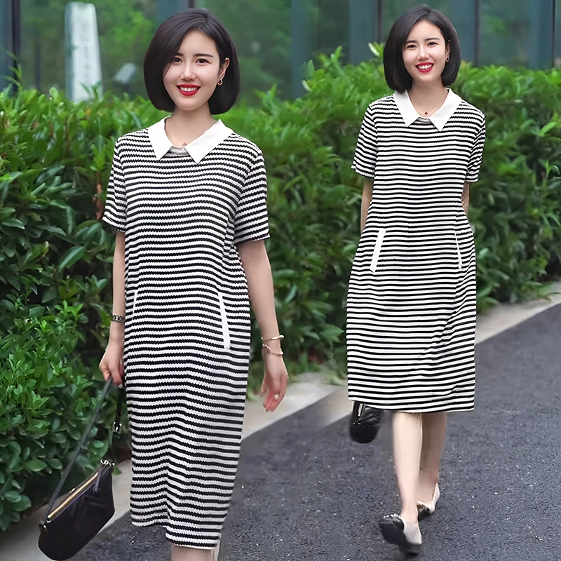 高端气质中长款短袖条纹polo裙子女2025新品宽松休闲显瘦连衣裙夏