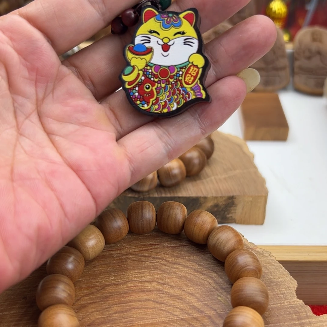 檀香木吊坠彩绘猫吊坠