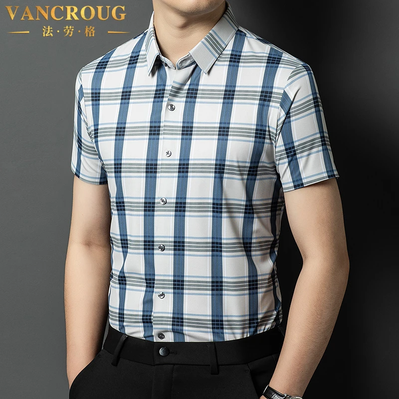 VANCROUG/法劳格短袖衬衫男士夏季复古休闲撞色无痕舒适百搭i衬衣