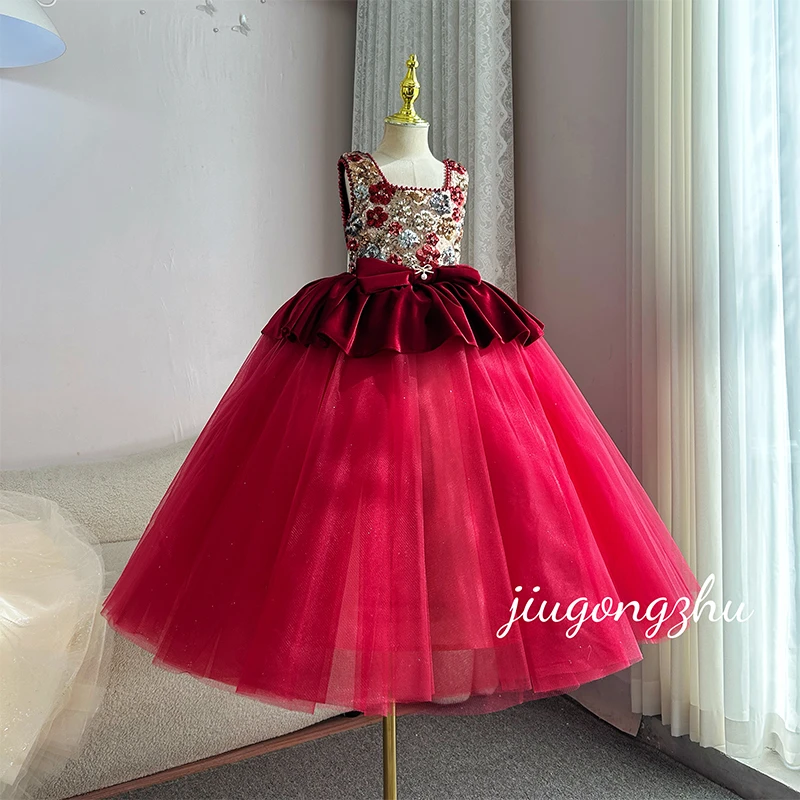 【卡罗拉】生日大红走秀表演气质女童9分长款婚礼女孩花童钢琴