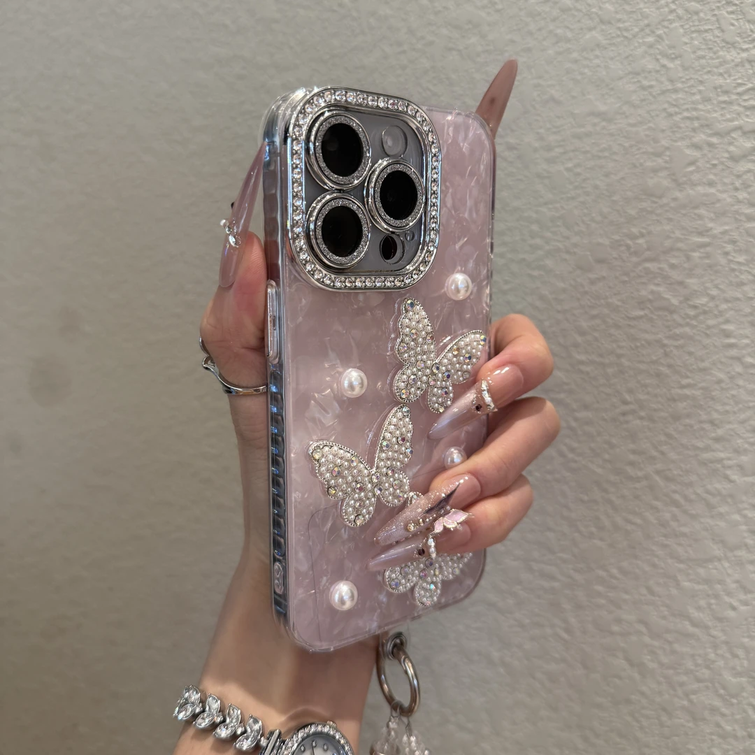 高颜值炫彩贝壳纹珍珠蝴蝶适用苹果16promax手机壳iPhone15闪钻14