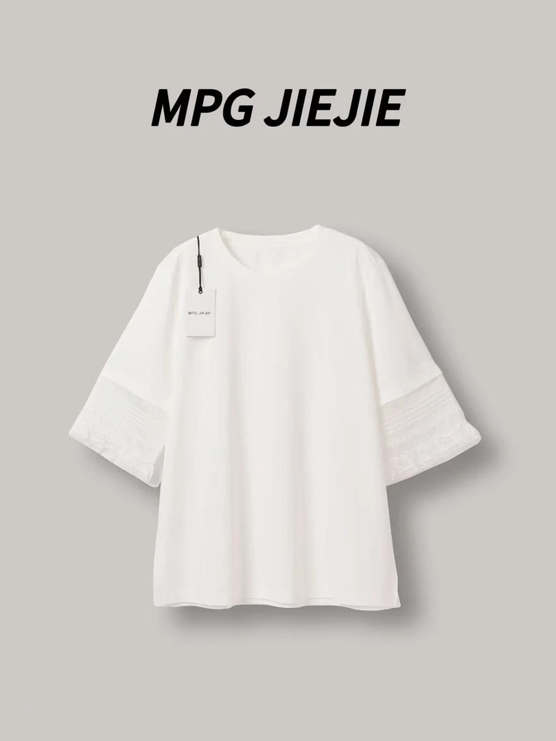 MPG JIEJIE【撩动心弦】25夏季圆领打底蕾丝袖口时尚休闲女士T恤