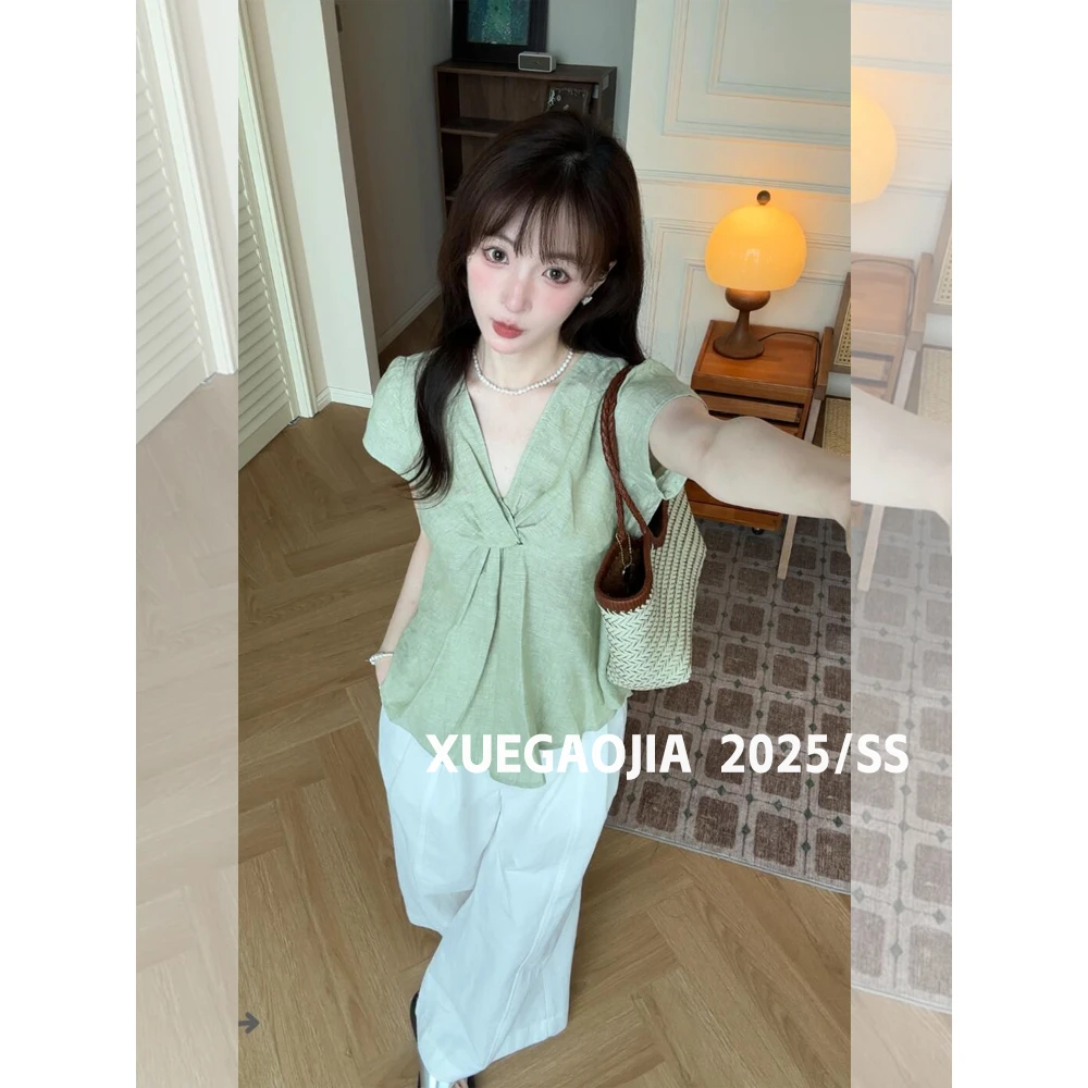 DAHUAN大荒家“自然系”亚麻绿色V领扭结上衣女夏设计感小众
