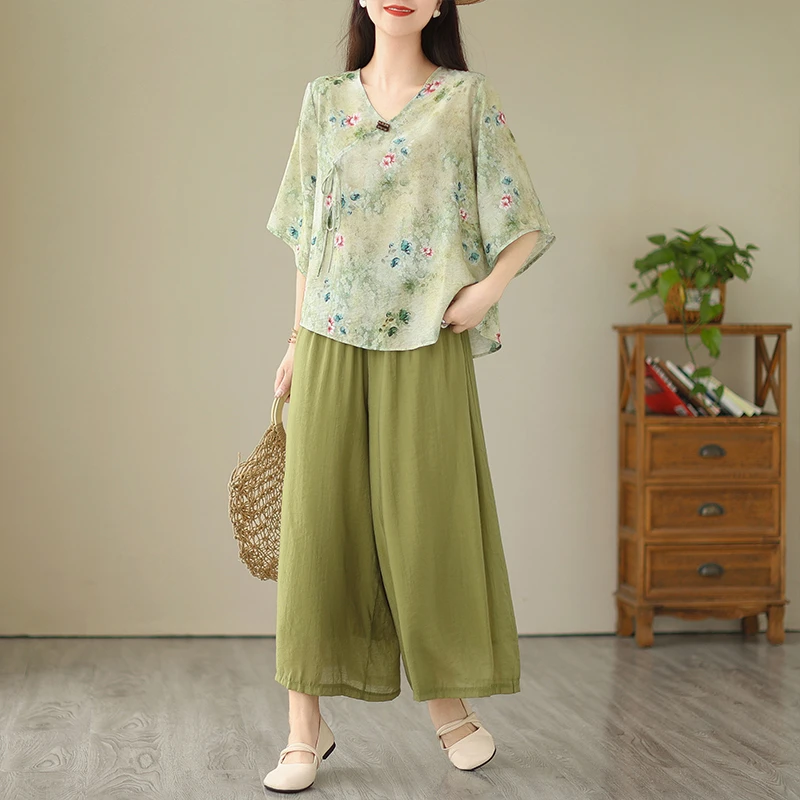 民国风套装茶服复古新中式气质改良汉服宽松休闲旗袍两件套