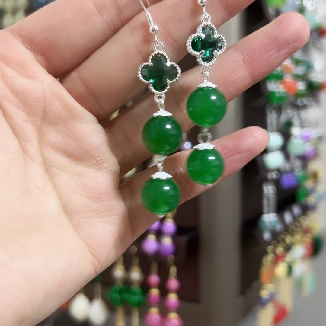银S925镶嵌耳钉玛瑙/玉髓绿色