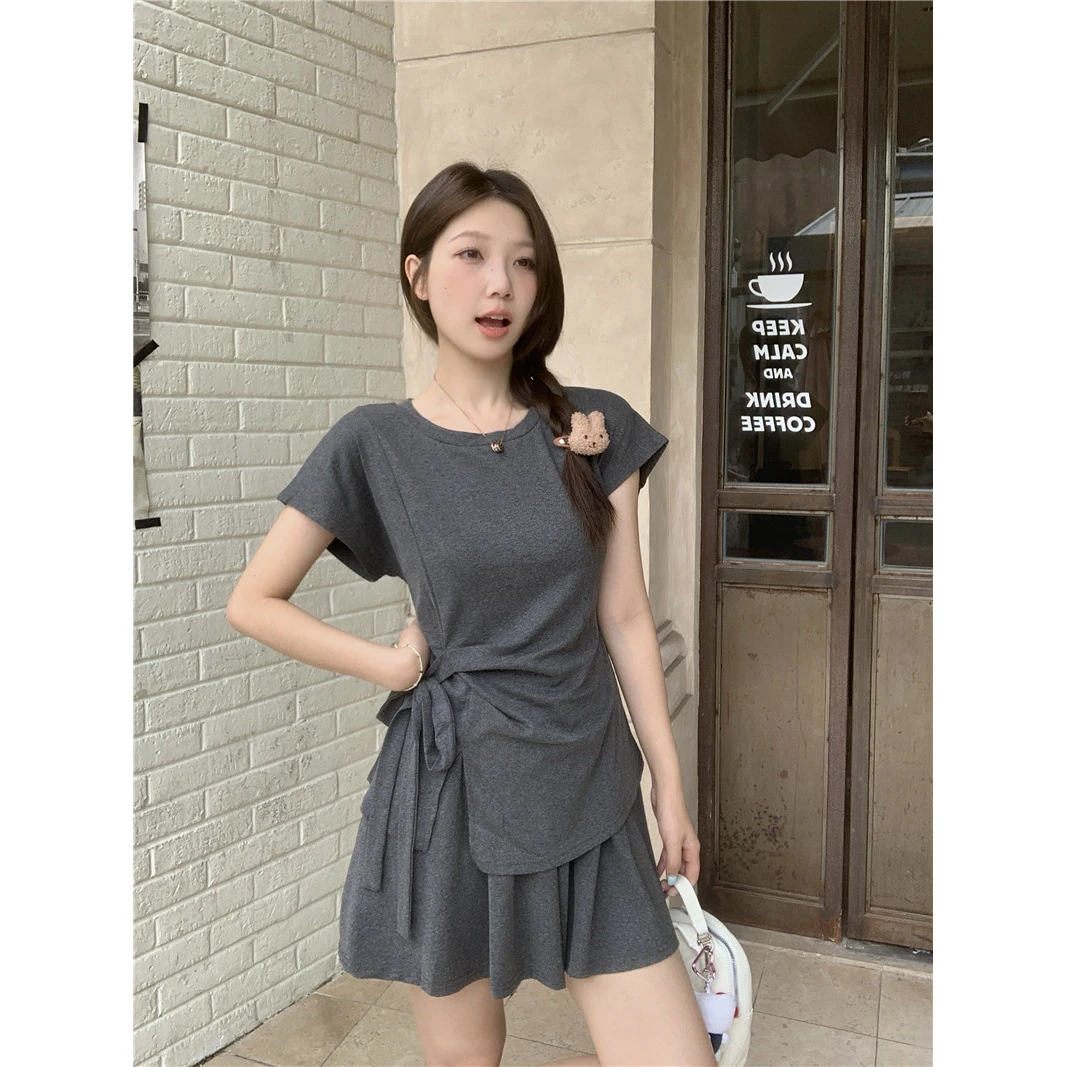 大码女装韩系简约休闲绑带收腰T恤上衣+松紧腰宽松裙裤套装