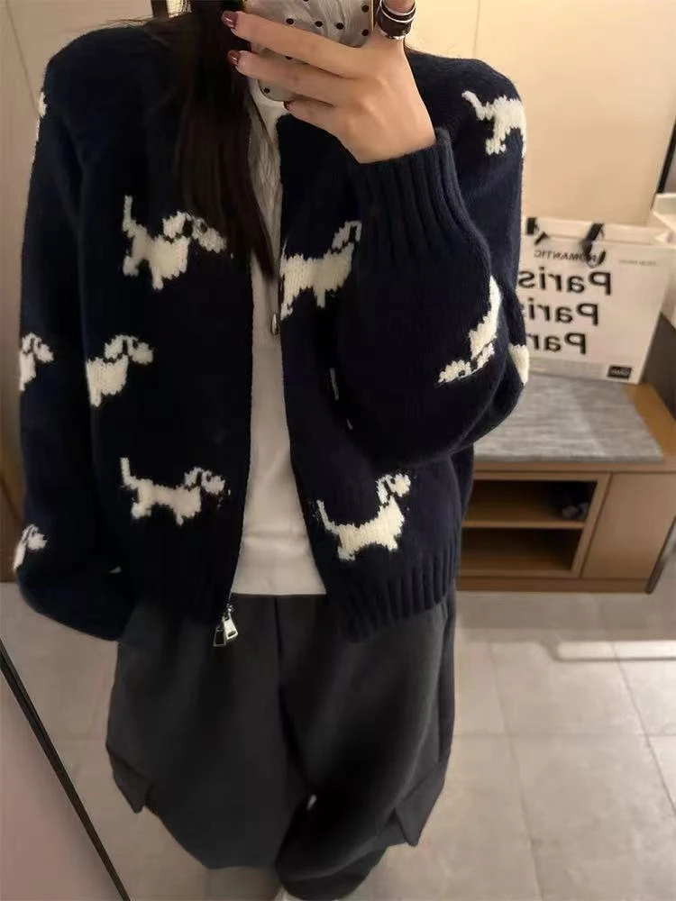 爆爆酱韩系小狗图案双拉链针织开衫外套女秋巨好看复古毛衣上衣