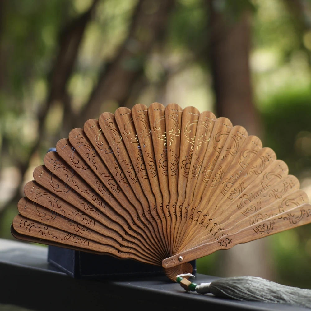 【龙凤呈祥】纯天然绿檀木扇子中式家居饰品摆件纯手工