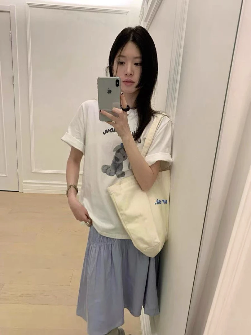 灰灰呀！配波点丝巾！韩系设计感小狗印花百搭圆领短袖T恤