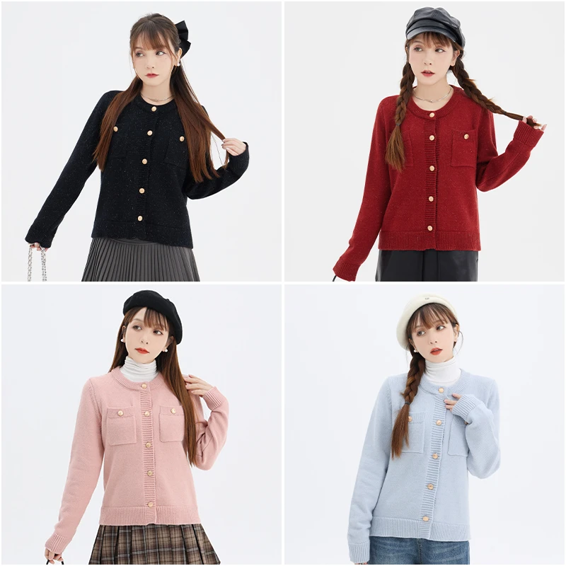 【涵胖胖】【青】秋冬红金丝长袖针织衫小香风短款 2509