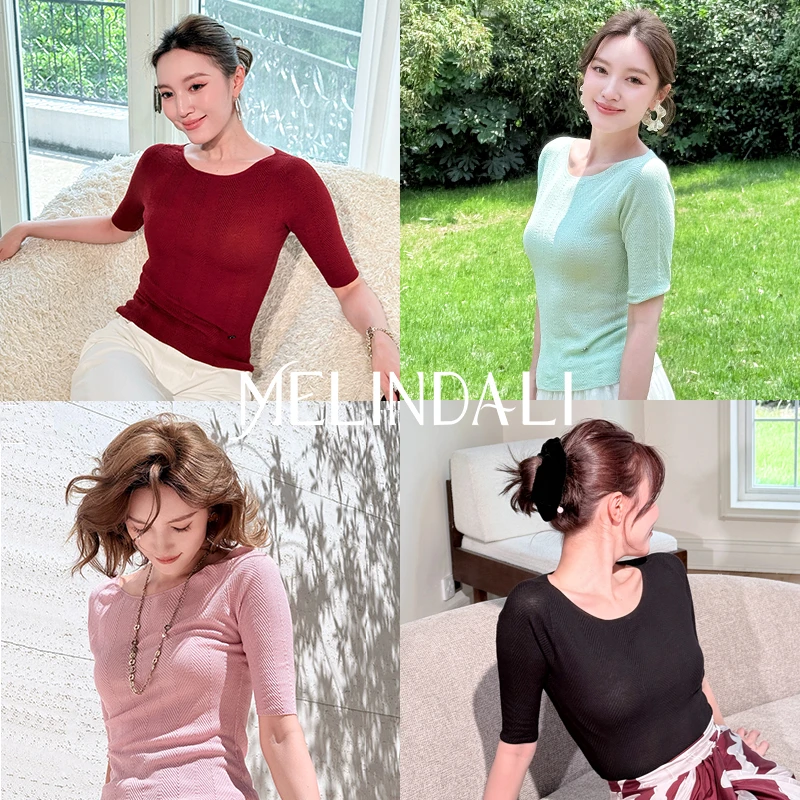 Melinda Li【面膜中袖T】精纺天丝桑蚕丝鱼骨纹中袖薄针织T