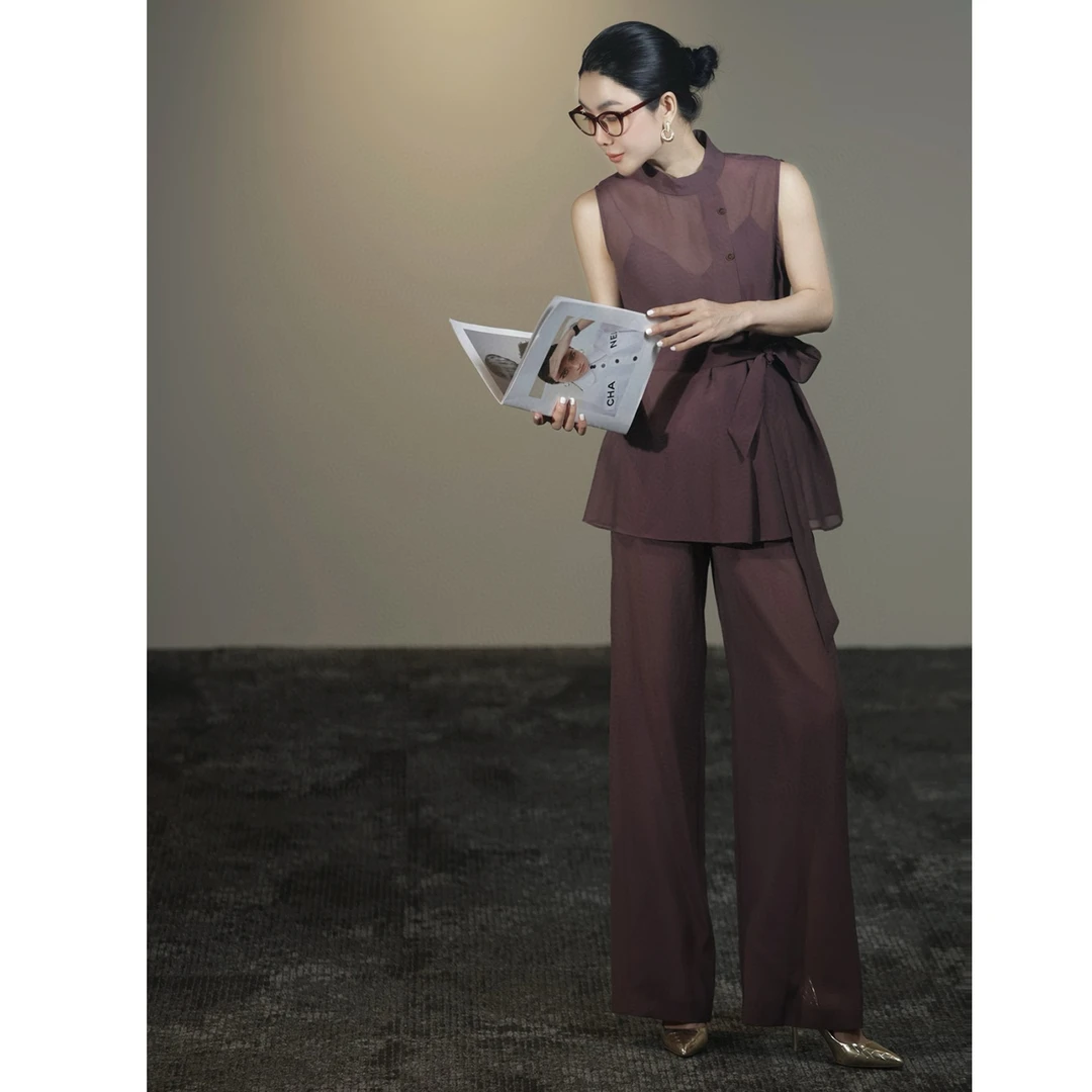 今年流行爆款时髦洋气套装女夏季新款无袖透视上衣阔腿长裤两件套