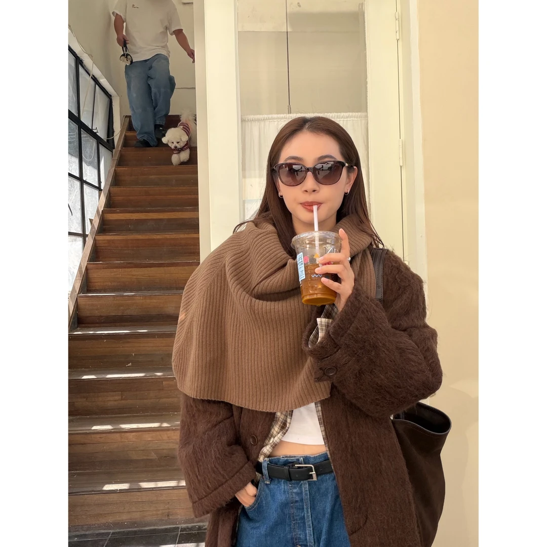 INAIEN【自由领】100羊毛柔软亲肤复古松弛百搭堆堆领斗小披肩P8595